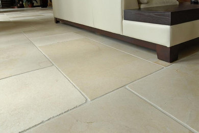 Living room - mid-sized traditional limestone floor and beige floor living room idea in Orange County