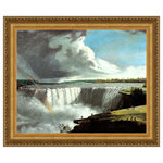DESIGN TOSCANO - Western Branch of Niagara Falls, 1802 Canvas Replica Framed Painting, Medium - Once displayed in the dining room at Jefferson's Monticello, this image of Niagara Falls heralded what was called an American natural wonder worth a voyage across the Atlantic. Vanderlyn, the first American-born artist to study in Paris, painted portraits of various eminent American countrymen including George Washington, James Mooe and Andrew Jackson. The authentic stretched canvas replica painting captures the original work's texture, depth of color, and even its bold brushstrokes, which are applied by hand exclusively for Design Toscano. Our replica European style, bright gold-toned, ribbed frame is cast in quality designer resin with an acanthus leaf and floret border that draws the eye toward the beautiful image.   Medium: 27.25"Wx23.25"H. framed (19.25"Wx15.25"H. image size, 4"W. frame)