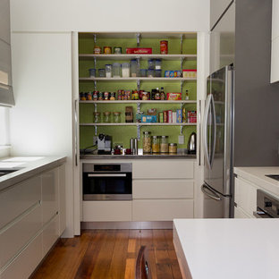 Mid-sized contemporary kitchen pantry photos - Mid-sized trendy u-shaped dark wood floor kitchen pantry photo in Wellington with a double-bowl sink, flat-panel cabinets, white cabinets, quartzite countertops, white backsplash, ceramic backsplash and stainless steel appliances