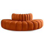 Meridian Furniture - Arc Upholstered Outward Curved Modular Sectional, Cognac, 4-Piece: Reverse Corner (4), Velvet - Give your living room or den the perfect blend of style and versatility with this Arc velvet fabric curved modular Sectional. Part of the Arc modular furniture collection, this Sectional comes upholstered in rich cognac velvet fabric and features deep channel tufting that adds a touch of luxury while enhancing comfort and support. A seamless combination of form and function, this chair can be used with other Arc pieces to create a myriad of configurations in your well-curated room.