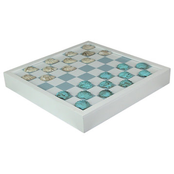Coastal Themed Seashell Checkers Set With Game Board 13 Inches