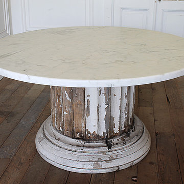 Antique Column Pedestal Dining Table Original Paint Calcutta Gold Marble Top