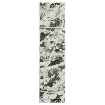 2' X 8' Charcoal And White Abstract Power Loom Stain Resistant Runner Rug