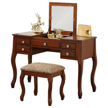 Classic Vanity Set, Flip Up Mirror & Cushioned Stool With Curved Legs, Cherry