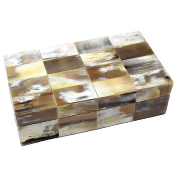 Elegant Tiled Horn Mosaic Decorative Box, 10" Mosaic Natural Polished Trinket