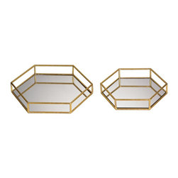 14 in. x 12 in. and 11 in. x 10 in. Mirrored Hexagonal Decorative Trays (Set of - Serving Trays