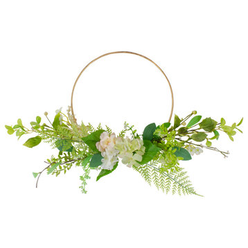 Hydrangea and Fern Golden Ring Wreath Spring Decor Green and Gold 25"