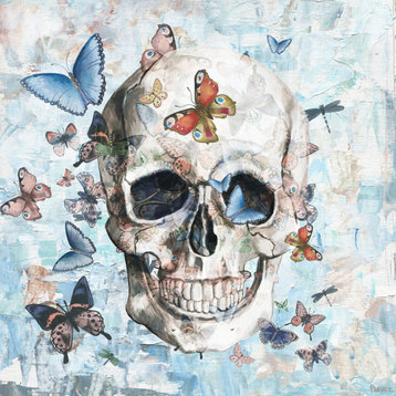 "Clouded Happy Butterfly Skull" Painting Print on Wrapped Canvas, 24"x24"