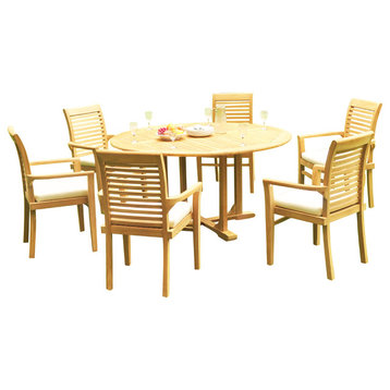 7-Piece Outdoor Teak Dining Set: 60" Round Table, 6 Mas Stacking Arm Chairs