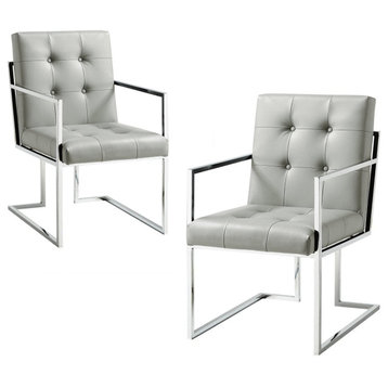 2 Pack Elegant Dining Chair, Chrome Frame & Button Tufted PU Leather Seat, Gray