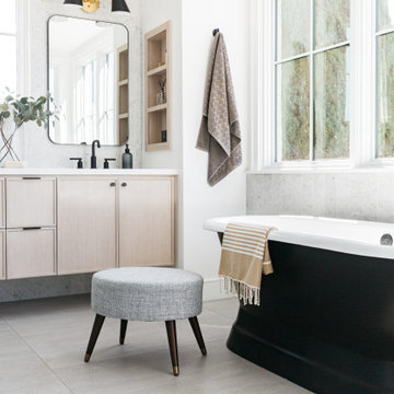 Master Bath with Urban Farmhouse Free Standing Tub and Turkish Towels