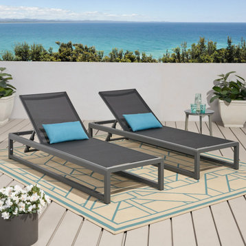 Hannah Outdoor Mesh Chaise Lounge, Set of 2, Black and Gray