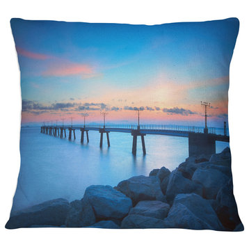 Bluish Rocky Seashore with Pier Sea Bridge Throw Pillow, 16"x16"