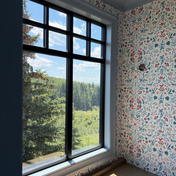 Wildflower Wallpaper Library Nook with Mirror-Matched Window Wall
