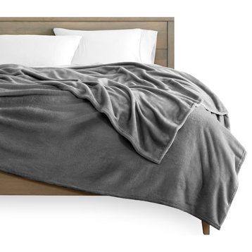 Bare Home Microplush Fleece Blanket, Gray, Throw/Travel