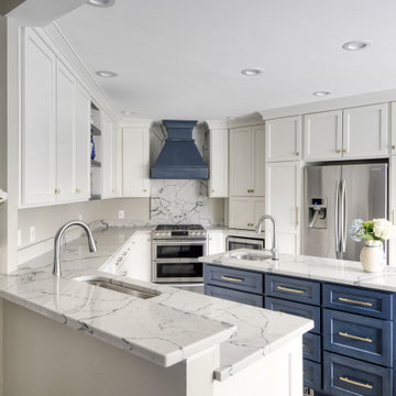 Navy Stained Island, Hood vent and Floating Shelves in White Shaker Kitchen