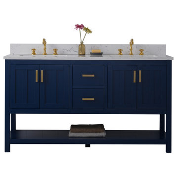 Henry Bathroom Sink Vanity Set, Carrara White Quartz Top, Base: Blue, 60"