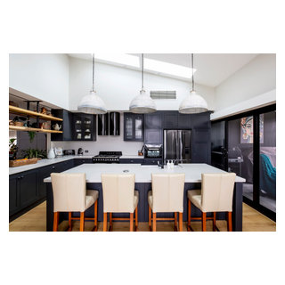 Kitchen with hand painted Glass panel doors - Transitional - Kitchen ...