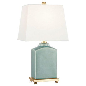 Brynn 1 Light Table Lamp, Jade, Aged Brass Accent, Off White Linen Shade