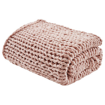 Madison Park Chunky Double Knit Handmade Throw Blanket, Blush, Blush