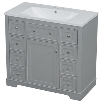 36" Freestanding Bath Vanity Set, Drawers and Ceramic Sink, Grey
