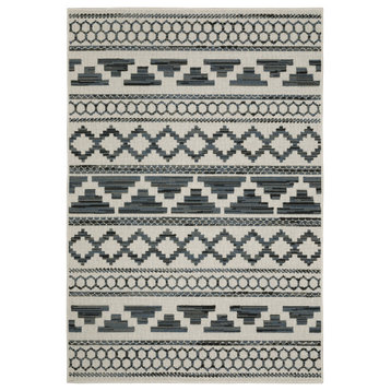 Teagan Stripe Beige and Blue Outdoor Power-Loomed Area Rug, 6'7"x9'2"