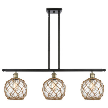 Farmhouse 3-Light Island-Light, Black Antique Brass, Clear Glass With Brown Rope