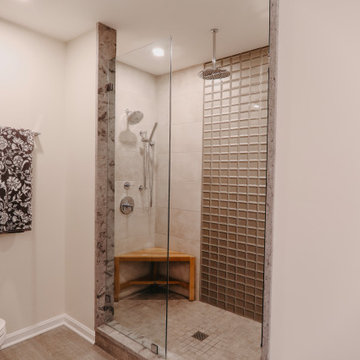 Shower floor tile is from B&F Ceramics in a 2x2 mosaic stitch pattern.
