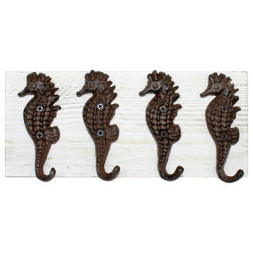 Seahorse Hooks Mounted on Painted Wood Wall Plaque 12 Inch
