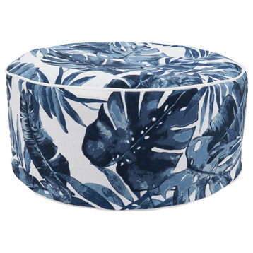 Outdoor Ottoman With Blue Tropic Design, Navy Blue
