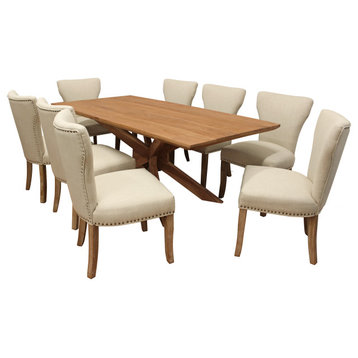 Brad Dining Set, 79" Table & 8 Ivory Fabric Chairs With Natural Color Legs