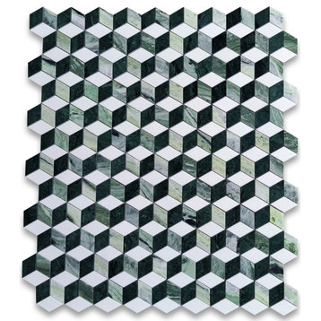 Thassos White Marble Illusion 3D Rhombus Hexagon Mosaic Tile Green, 1 sheet