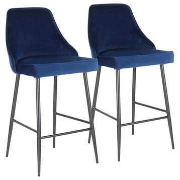 Marcel Contemporary Counter Stool, Black Metal and Navy Blue Velvet, Set of 2