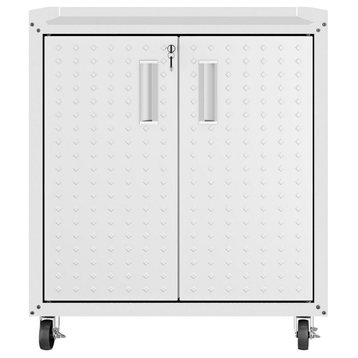 Manhattan Comfort Textured Metal Garage Mobile Cabinet, 2 Shelves, White