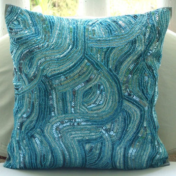 Sequins And Beaded 18"x18" Art Silk Blue Accent Pillows, Aqua Infinity