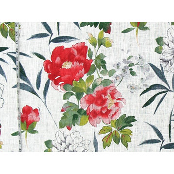 Red Pink Peony Toile Fabric Linen Floral Watercolor, Standard Cut