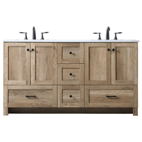 60" Double Bathroom Vanity, Natural Oak, 60
