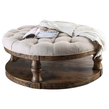 Bowery Hill Rustic Wood Round Tufted Coffee Table in Antique Oak