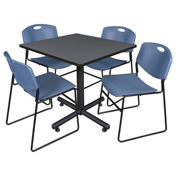 Kobe 36" Square Breakroom Table, Gray and 4 Zeng Stack Chairs, Blue