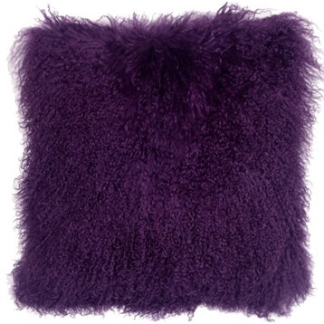 100% Authentic Mongolian Sheepskin Throw Pillow with Insert (16+ Colors), Purple, 18"x18"