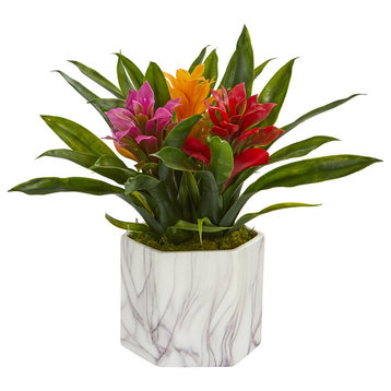 Bromeliad Artificial Plant in Marble Finished Vase, Assorted