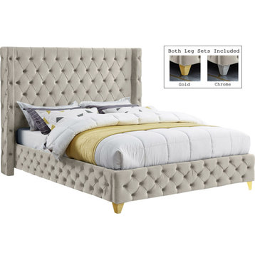 Savan Velvet Upholstered Bed, Cream, Full