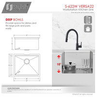 STYLISH 22'' Workstation Single Bowl Undermount 16G Stainless Steel Kitchen Sink