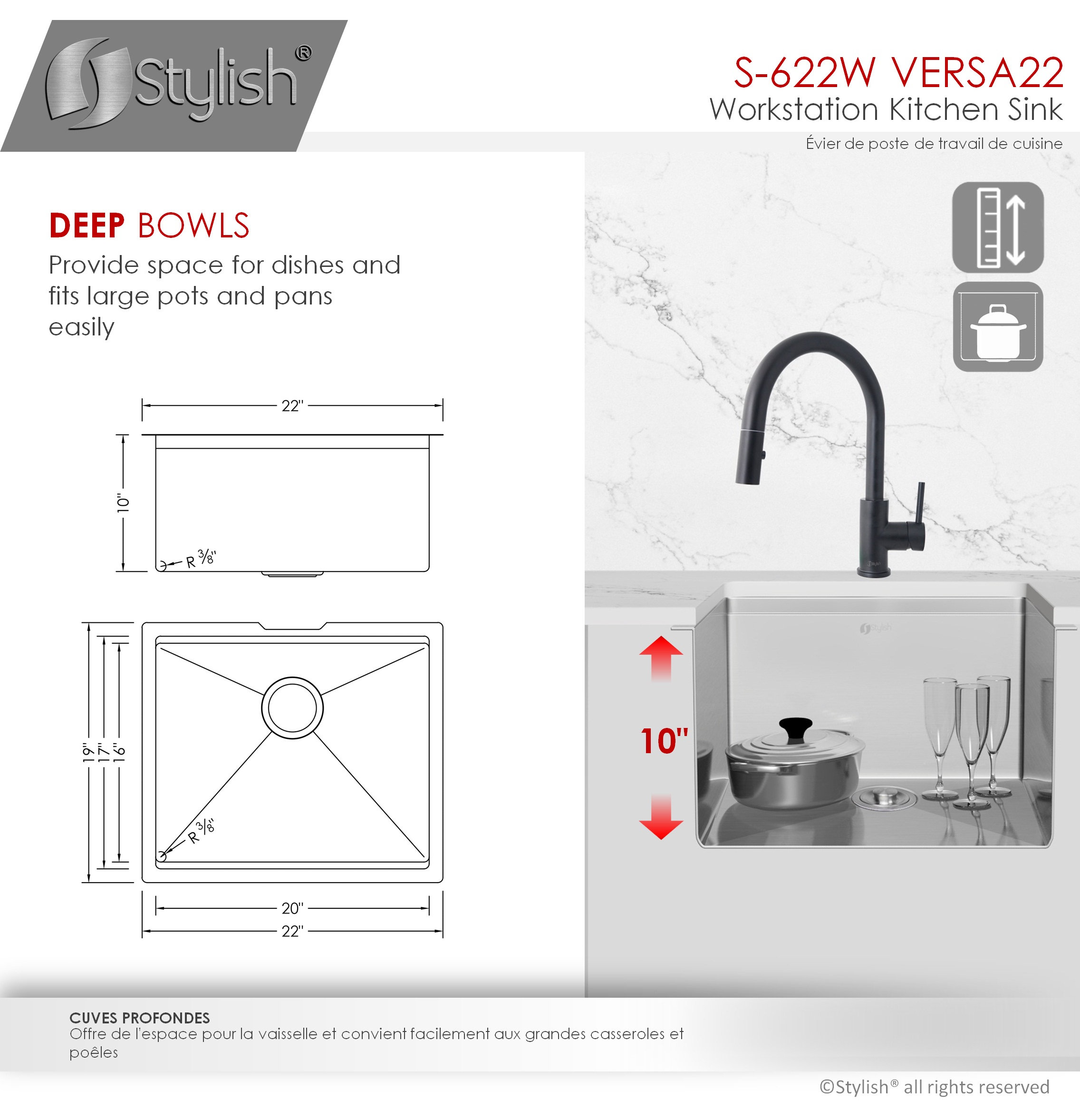 STYLISH 22'' Workstation Single Bowl Undermount 16G Stainless Steel Kitchen Sink