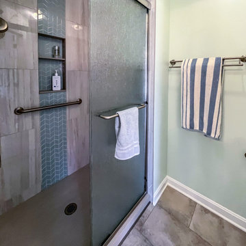 Primary Bathroom with Custom Corian and Tiled Shower, Tiled Tub Surround