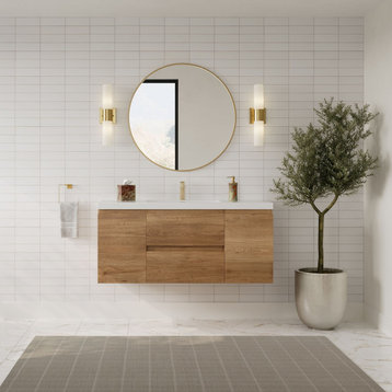 Wynn 48" Wall-Mounted Single Bathroom Vanity in Natural Oak with Resin Stone Top