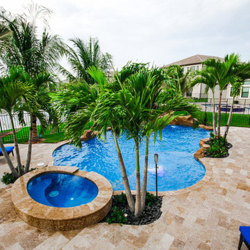 Tropical Style Pool With Rock Waterfall and Raised Spa in Delray Beach, Florida