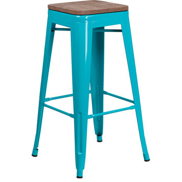 30" High Backless Crystal Teal-Blue Barstool With Square Wood Seat