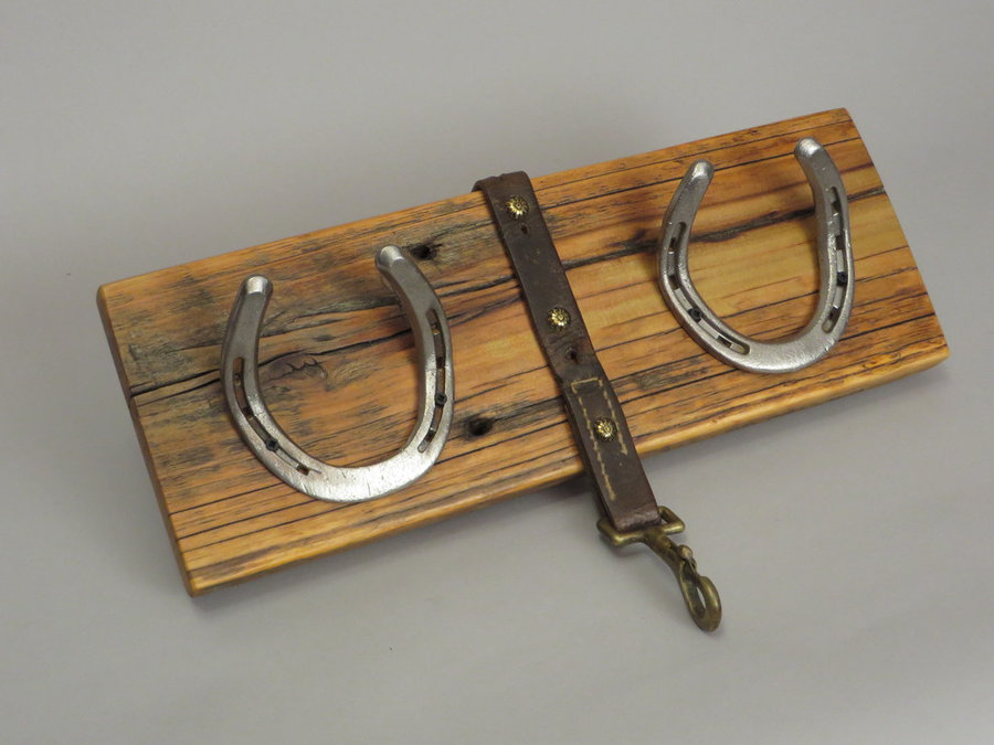 #R15056 Coat Rack Reclaimed Poplar, horseshoes, leather.