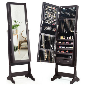 Costway Lockable Mirrored Jewelry Cabinet Organizer Storage w/Stand &LED Lights